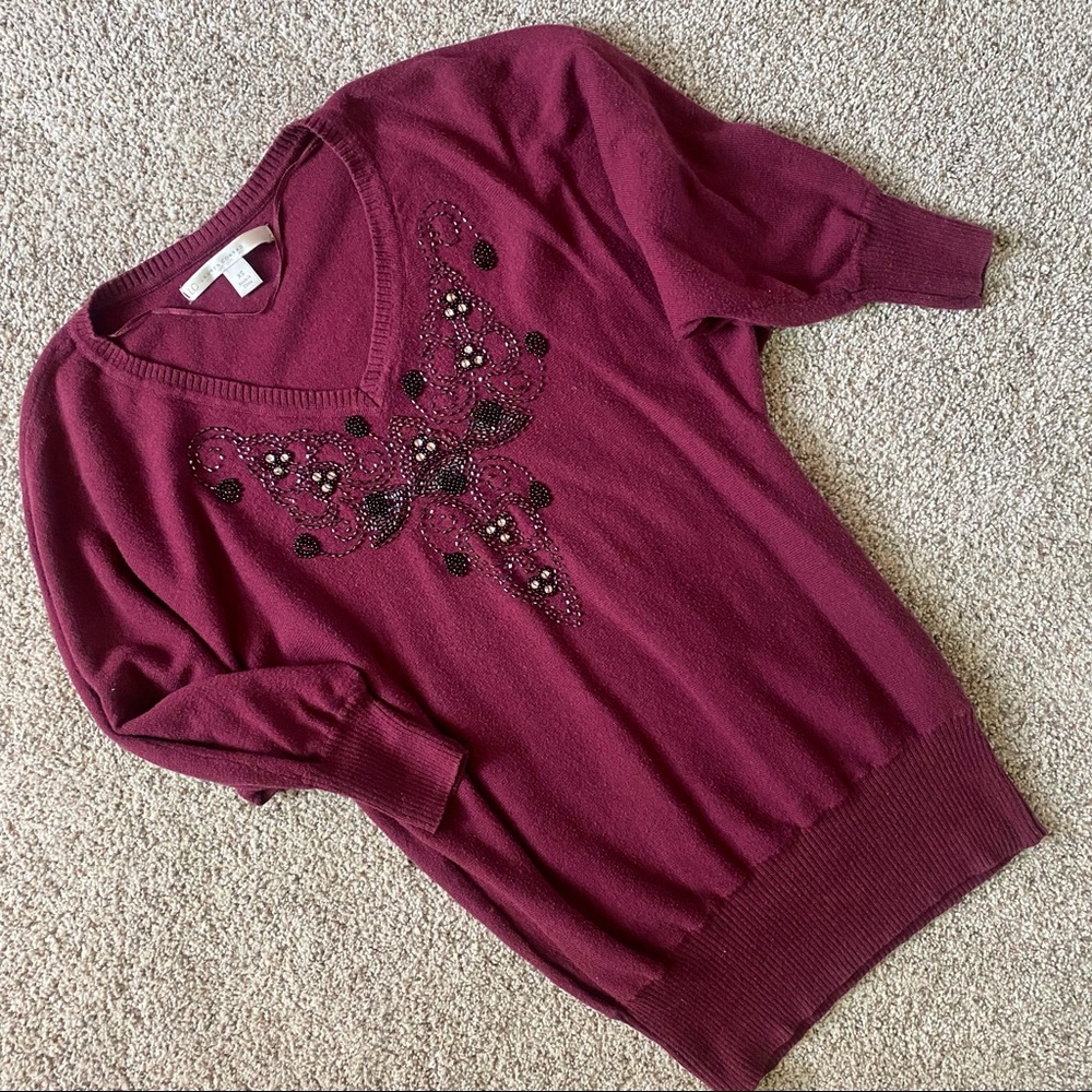 Burgundy V-Neck Dolman Sweater Beaded Front Detail | Lauren Conrad | Size S